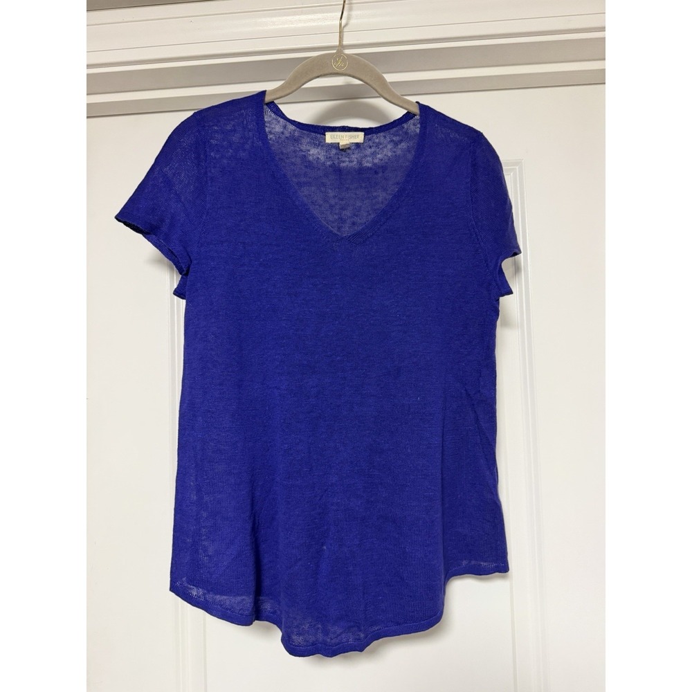 Eileen Fisher, V-neck Short Sleeve Top, 100% organic linen jersey, Blue, PS
